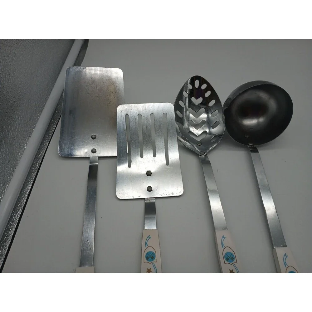 Vtg Stainless Steel Kitchen Utensils Short Spatula Slotted Spoon Blue Gold Crown